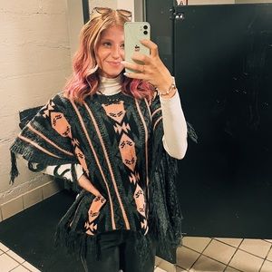 Dark Gray/Pink Poncho W/ Tassels Size M